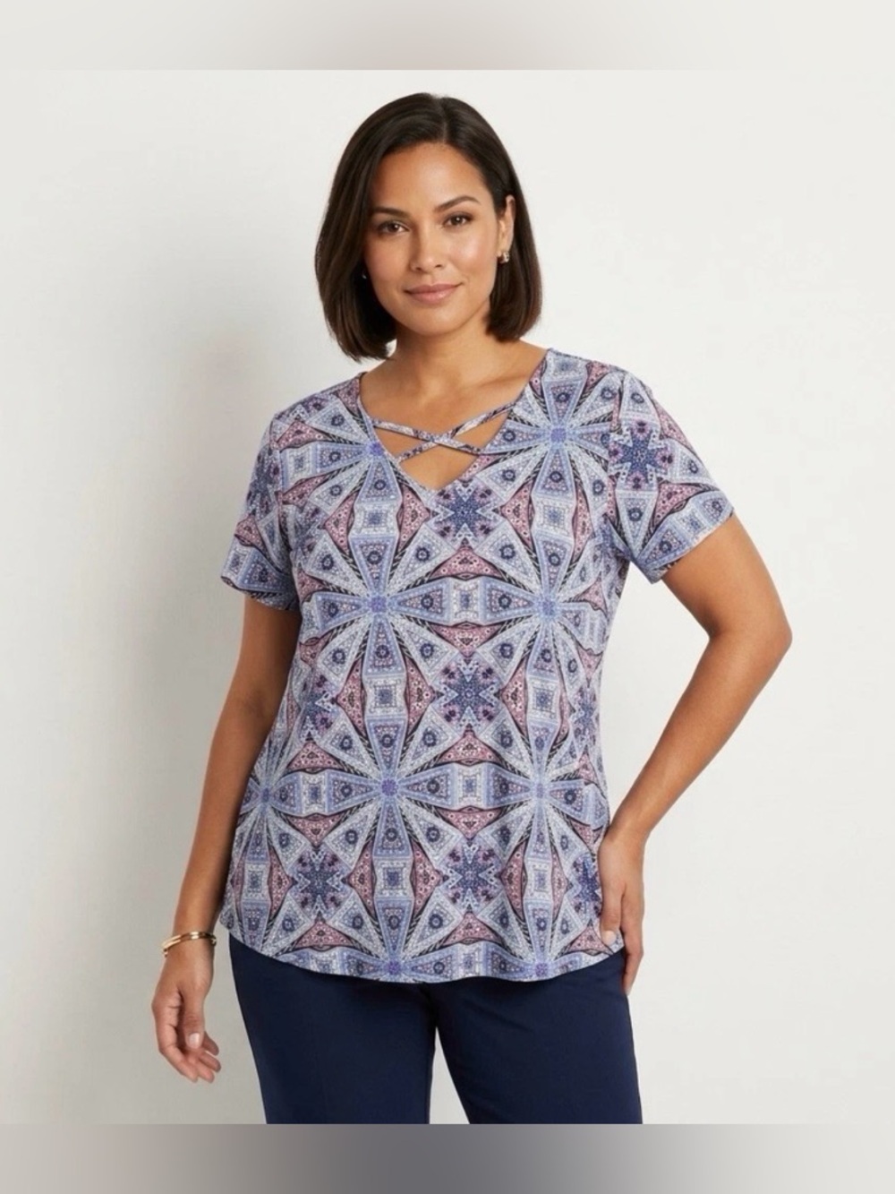 NY Collection Woman Plus Size 3X Top Geometric Boho V-Neck  Keyhole Strappy NTW